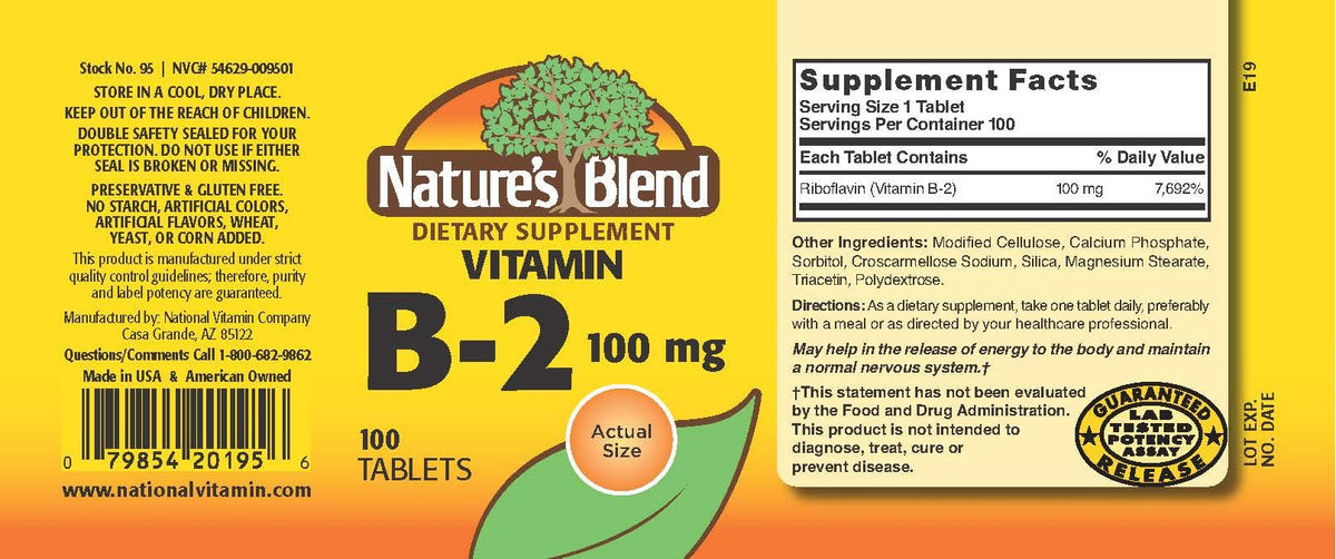 Nature's Blend Vitamine B-2 100 mg - comprimés