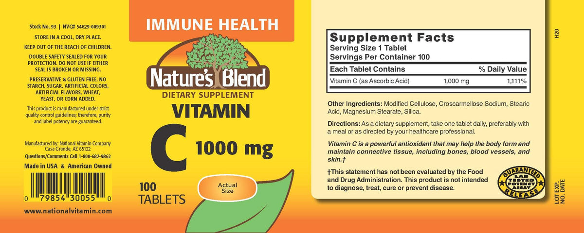 Nature's Blend Vitamine C 1000 mg 100 comprimés vue arrière