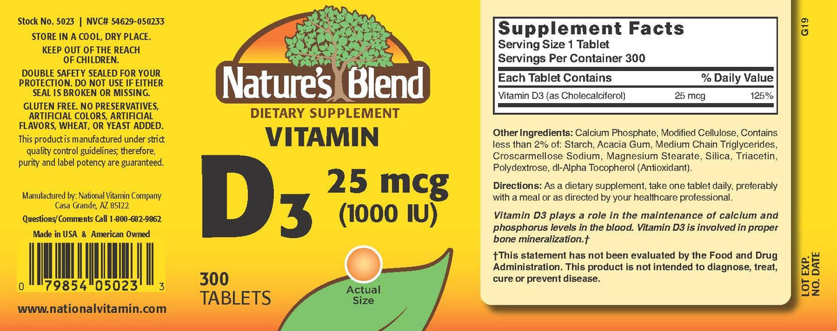 Nature's Blend Vitamine D3 1000 UI comprimés sur une table