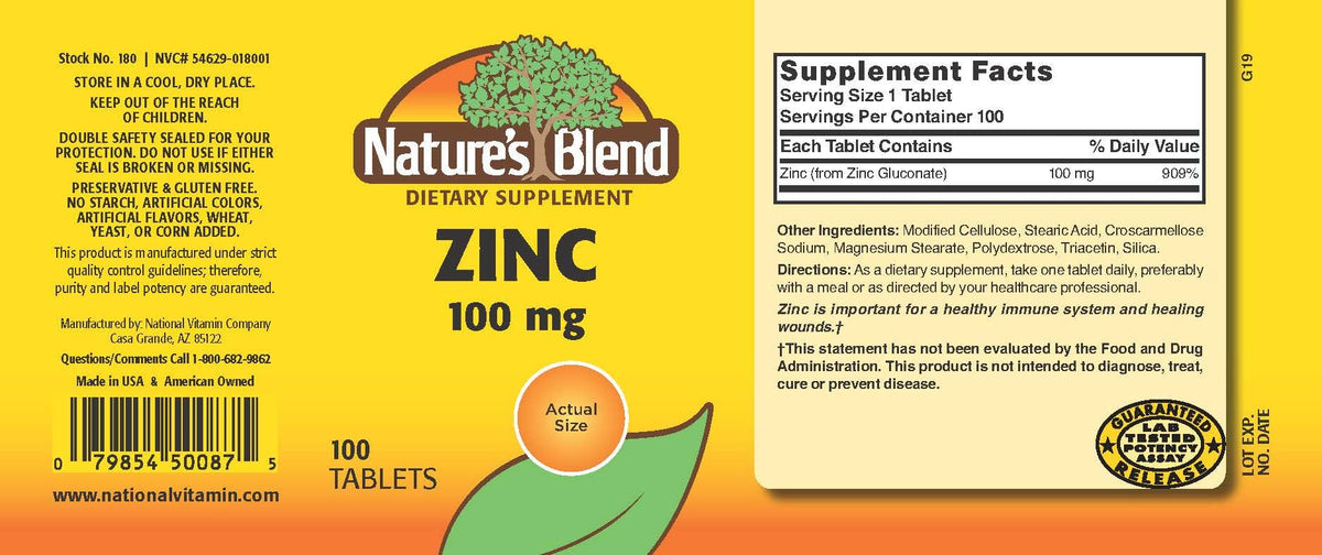 Nature's Blend Zinc Gluconate 100 mg comprimés, flacon arrière