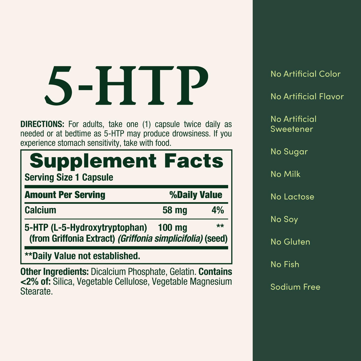 Nature's Bounty 5-HTP 100mg capsules sur une table