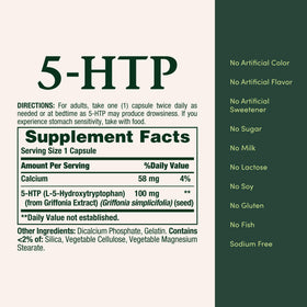 Nature's Bounty 5-HTP 100mg capsules sur une table