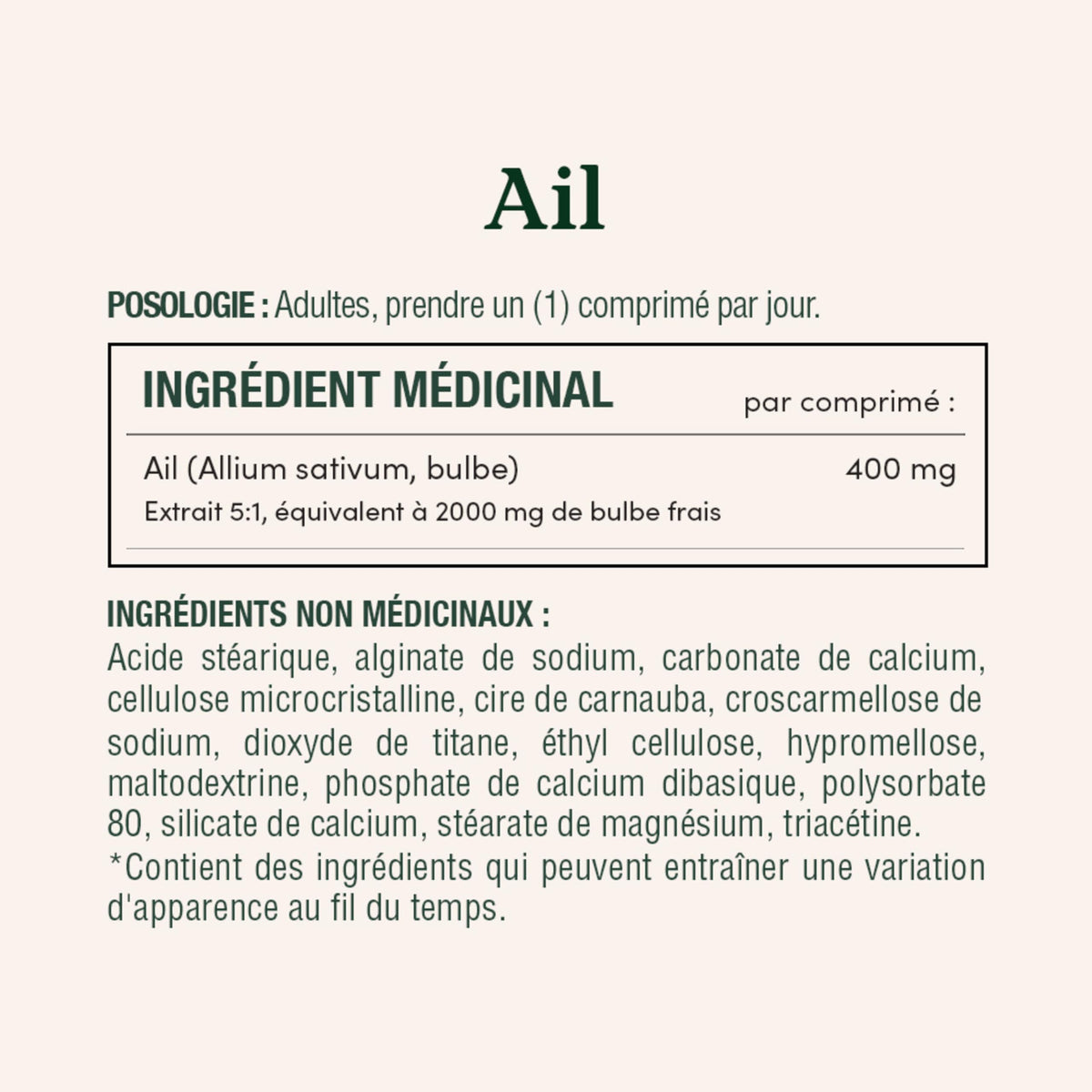 Nature's Bounty Ail 2000 mg, étiquette des ingrédients