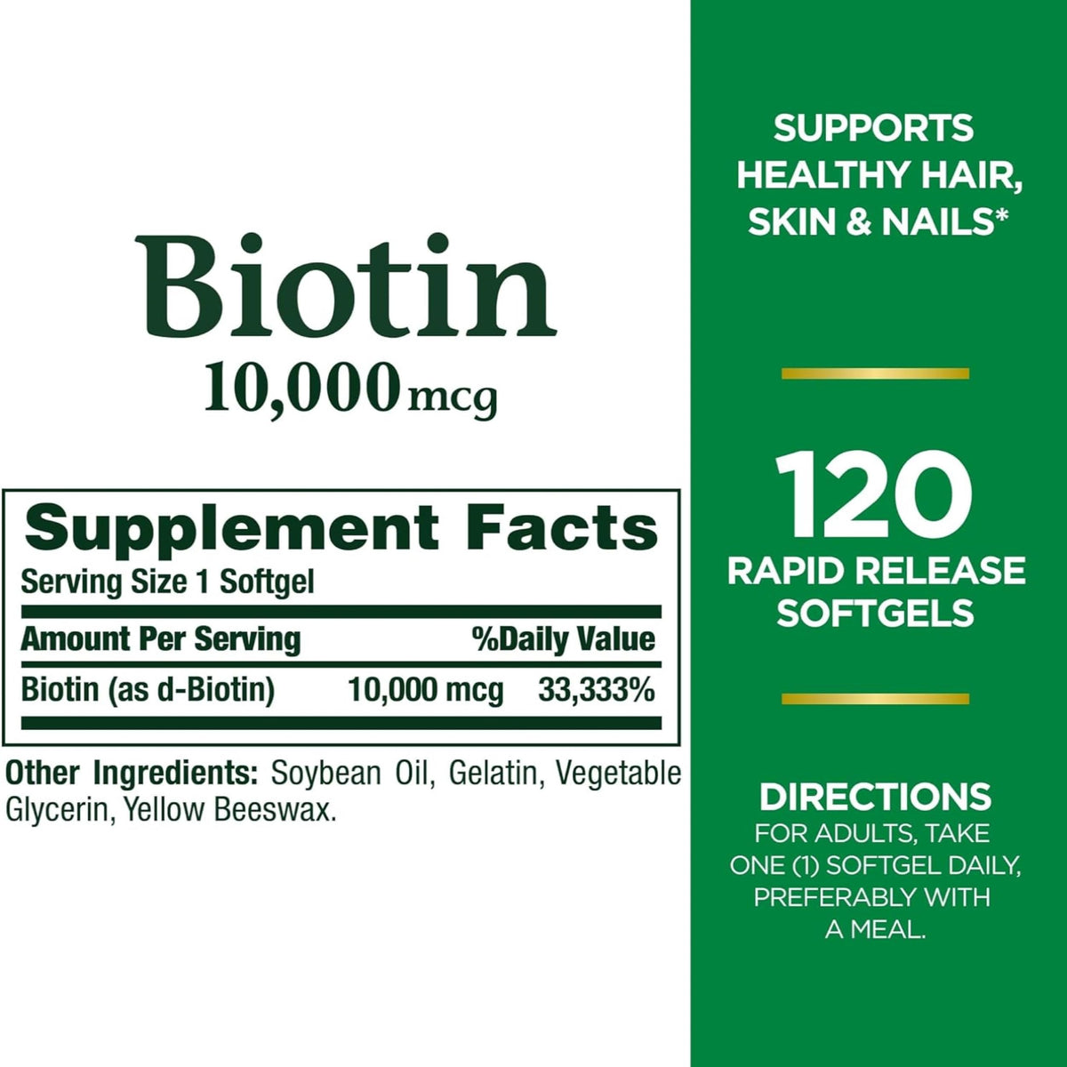 Nature's Bounty Biotine 10 000 Mcg gélules molles sur fond blanc