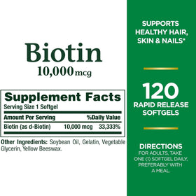 Nature's Bounty Biotine 10 000 Mcg gélules molles sur fond blanc
