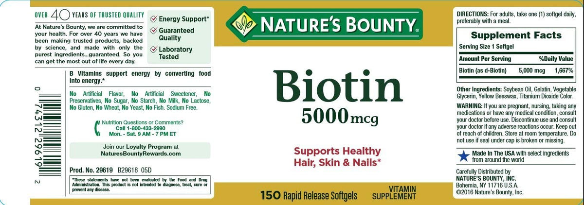 Nature's Bounty Biotine 5000 mcg gélule molle sur fond blanc