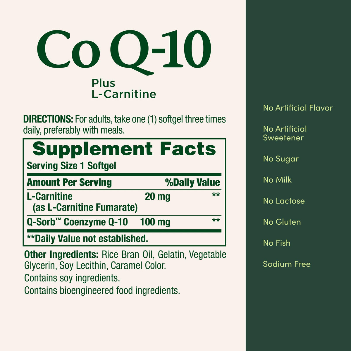 Nature's Bounty CoQ10 100mg Plus L-Carnitine gélules sur une table