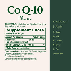 Nature's Bounty CoQ10 100mg Plus L-Carnitine gélules sur une table
