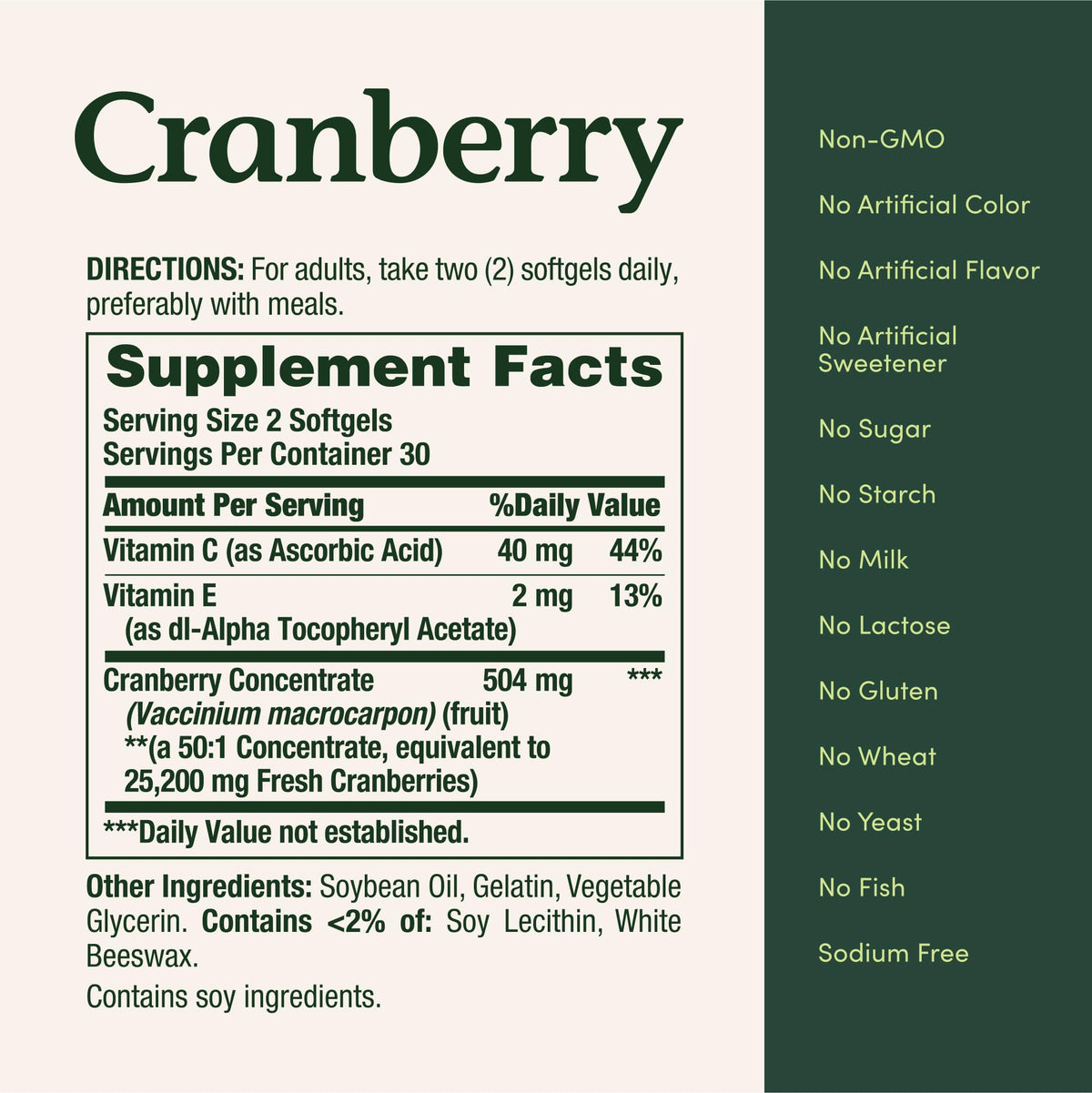 Nature's Bounty Cranberry 25 200 mg Gélules - Vue de côté de l'emballage