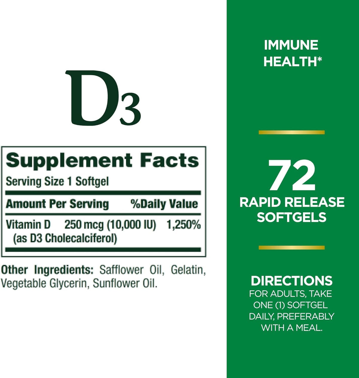 Nature's Bounty D3-10 000 UI Softgels pack ouvert sur table
