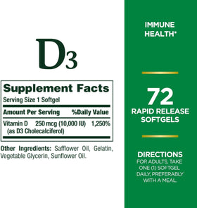 Nature's Bounty D3-10 000 UI Softgels pack ouvert sur table