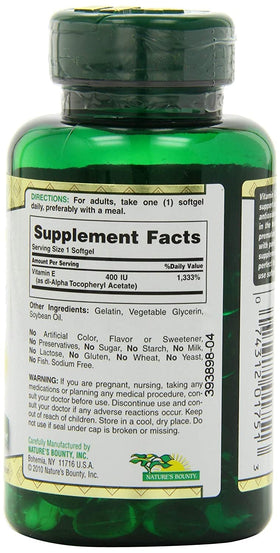 Nature's Bounty E-400 IU Vitamine E gélules molles arrière