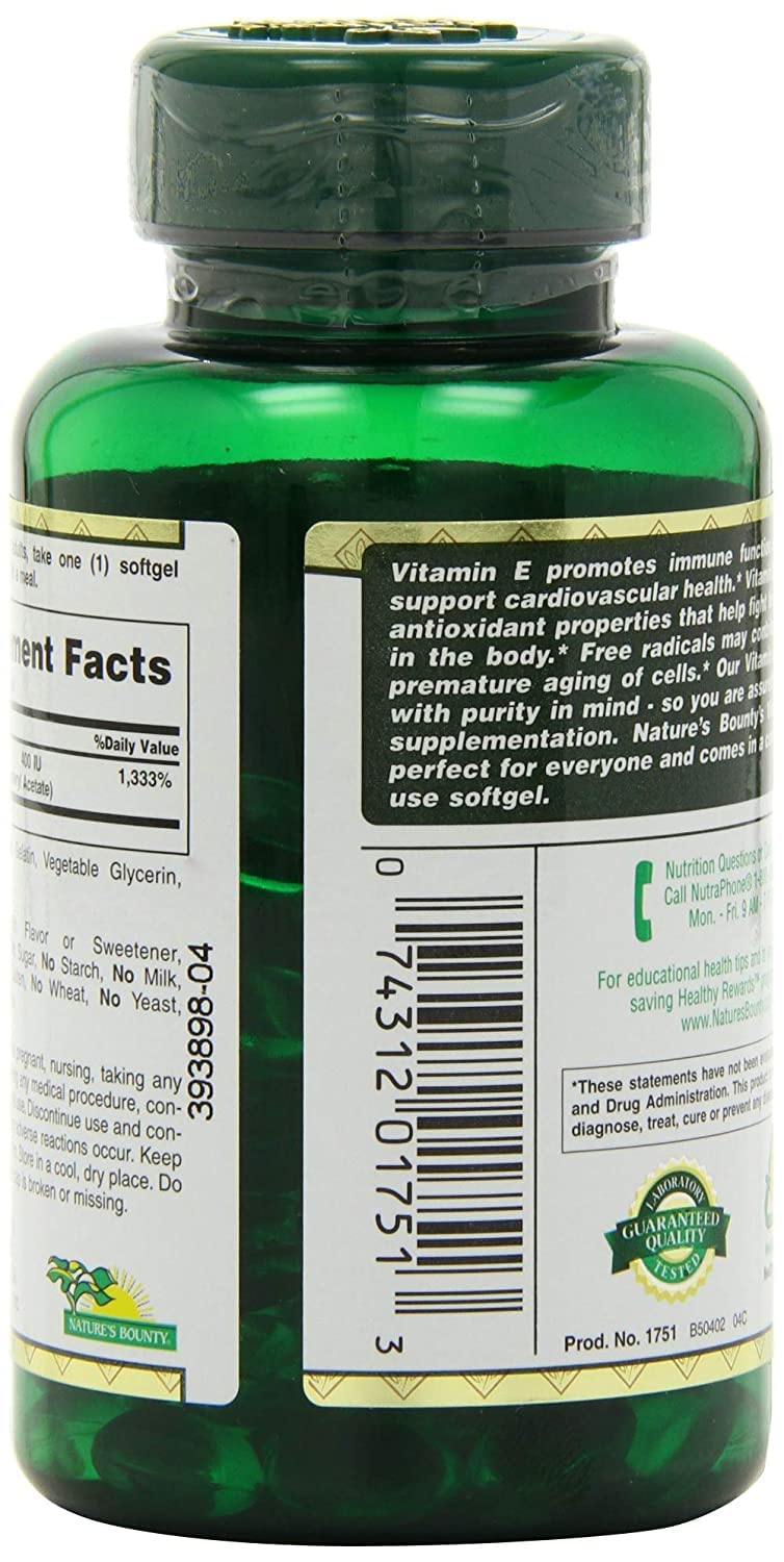 Nature's Bounty E-400 IU Vitamine E gélules molles côté