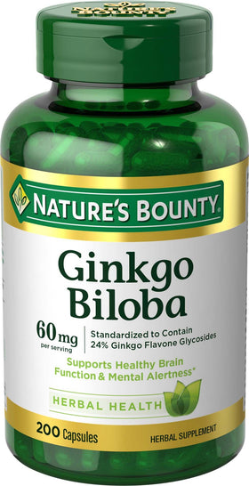 Nature's Bounty Ginkgo Biloba 60 mg capsules, vue avant du flacon