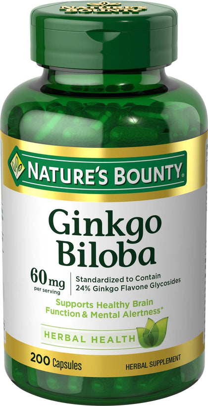 Nature's Bounty Ginkgo Biloba 60 mg capsules, vue avant du flacon