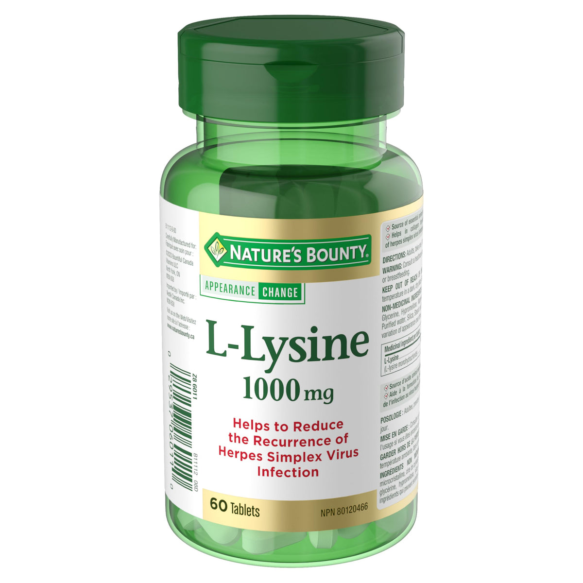 Nature's Bounty L-Lysine 1000 mg 60 comprimés vue de face