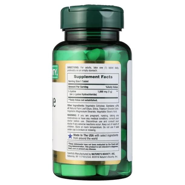 Nature's Bounty L-Lysine 240 comprimés vue arrière avec liste d'ingrédients
