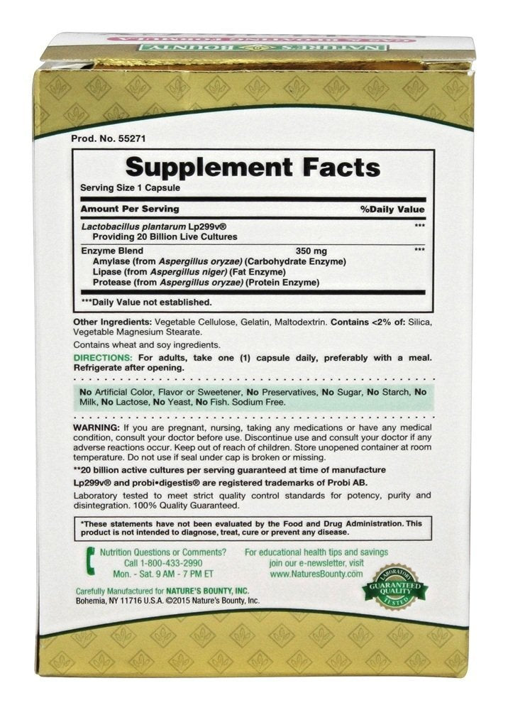 Nature's Bounty Probiotic GX Capsules 25 unités, vue arrière avec informations nutritionnelles