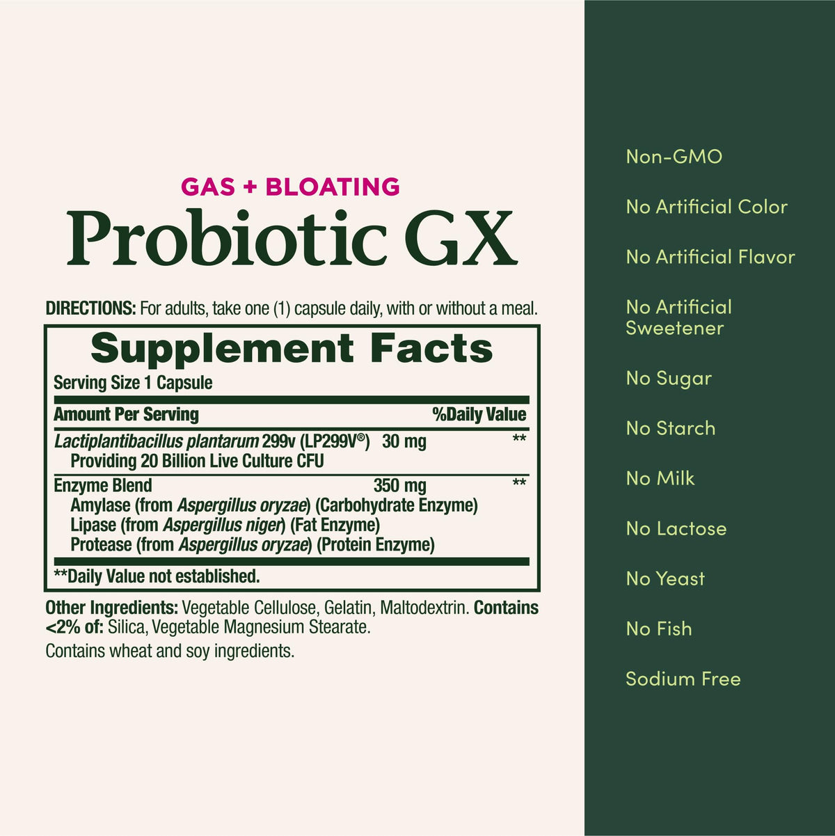Nature's Bounty Probiotic GX capsules sur une table en bois