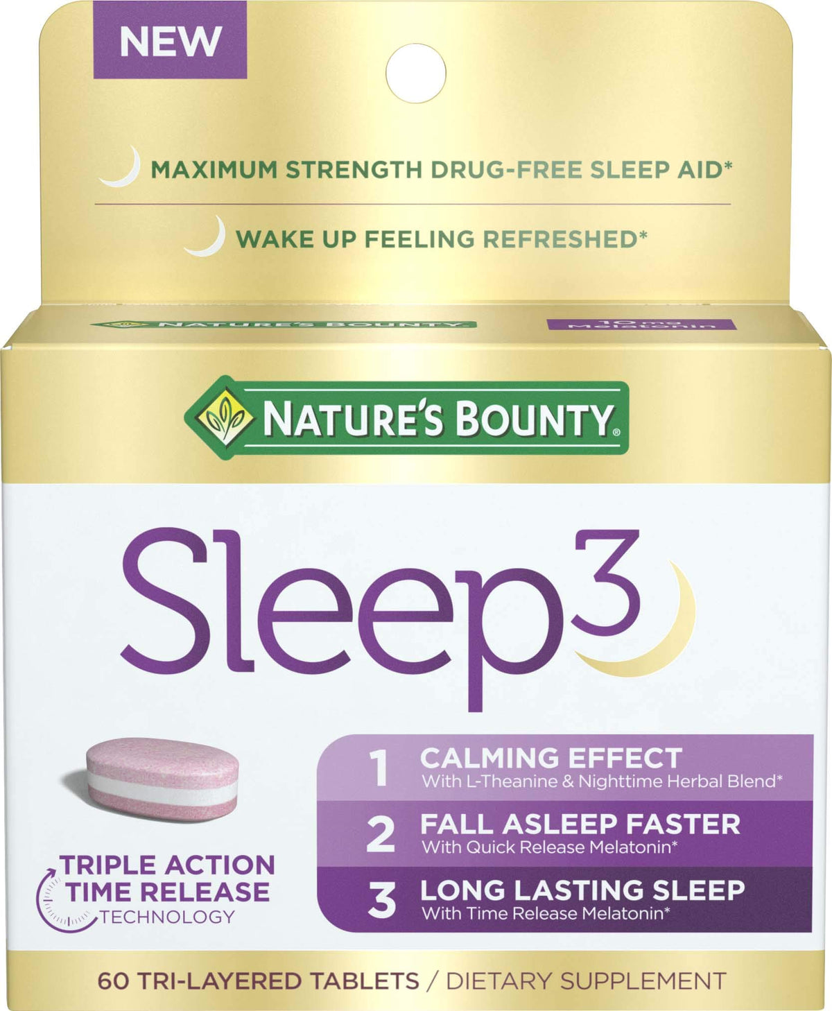 Nature's Bounty Sleep3 10mg comprimés tri-couches vue de face
