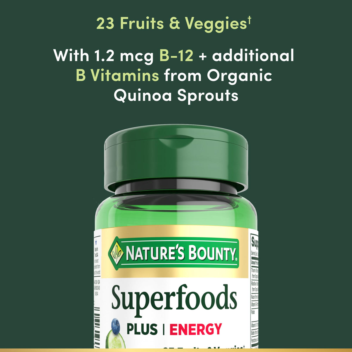 Nature's Bounty Superfoods Plus Energy 30 Capsules ouverte avec capsule visible