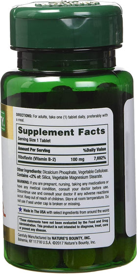 Nature's Bounty Vitamine B-2 100 mg comprimés enrobés côté