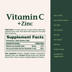 Nature's Bounty Vitamine C + Zinc 60mg, comprimés dans une main