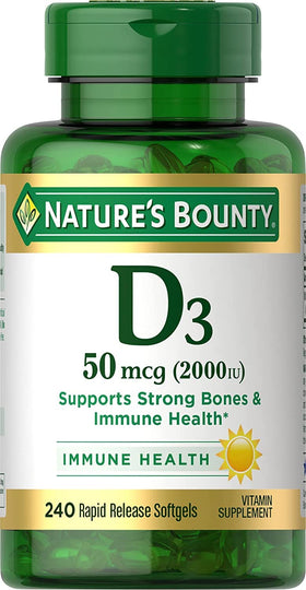 Nature's Bounty Vitamine D3 2000 IU gélules molles, vue de face
