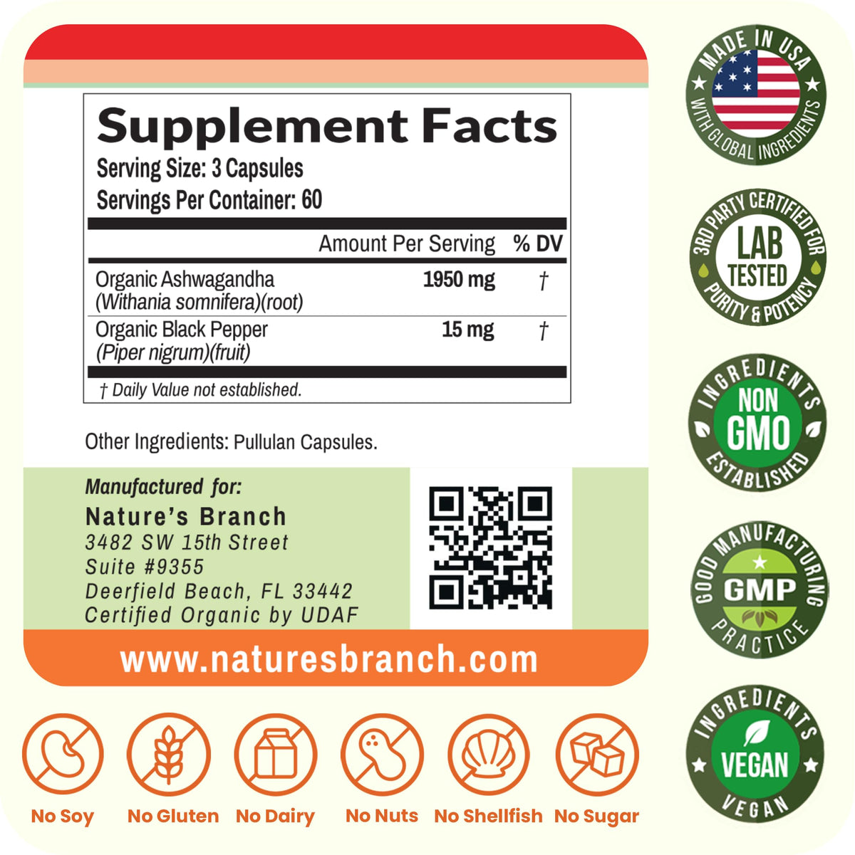 NATURE'S BRANCH Ashwagandha Bio 1965mg gélules ouvertes sur une table