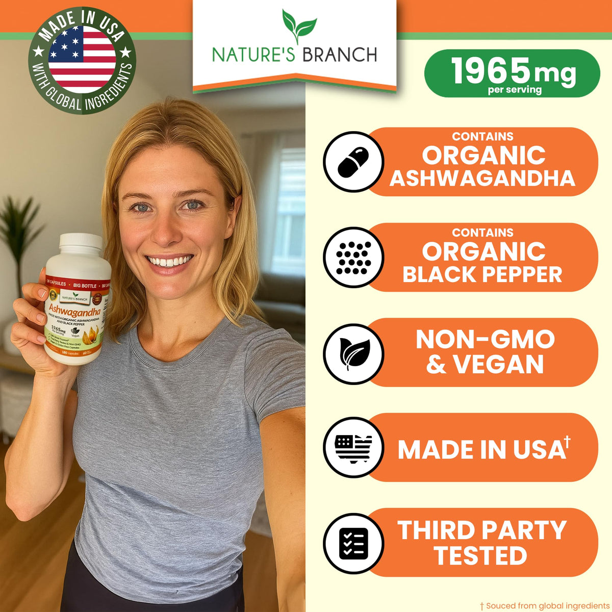 NATURE'S BRANCH Ashwagandha Bio 1965mg gélules végétales avec un verre d'eau