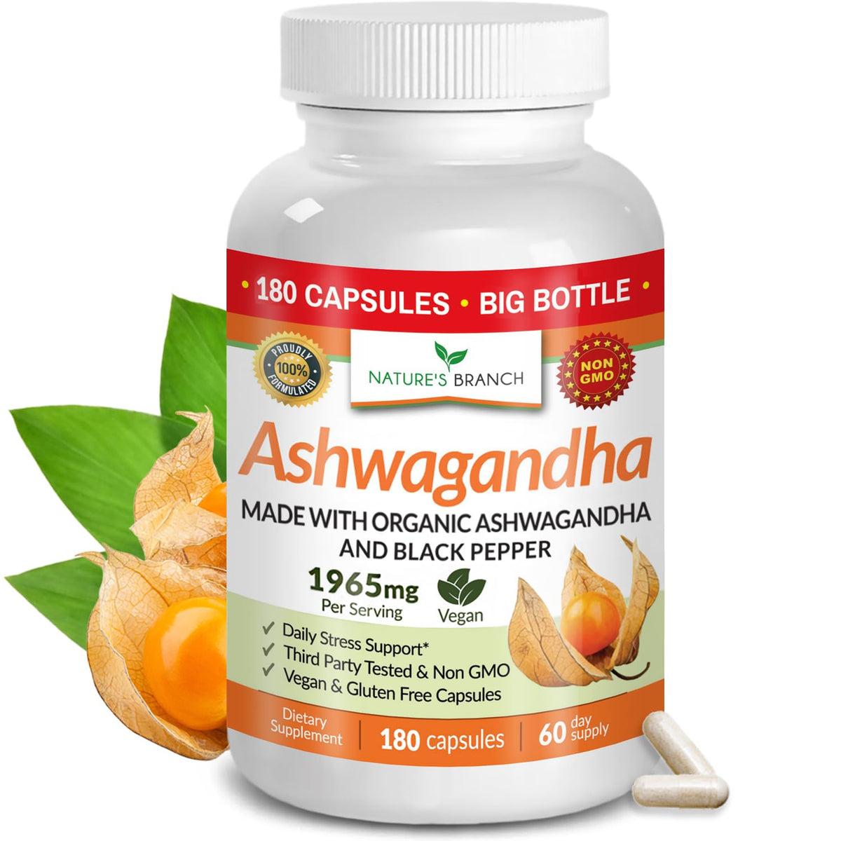NATURE'S BRANCH Ashwagandha Bio 1965mg gélules végétales devant l'emballage
