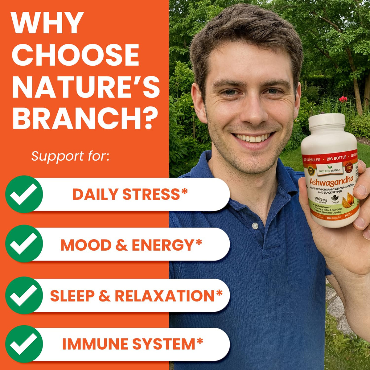 NATURE'S BRANCH Ashwagandha Bio 1965mg gélules végétales sur une table en bois