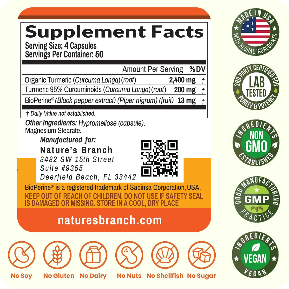 NATURE'S BRANCH Complément Curcuma 2600mg, avec ingrédients naturels