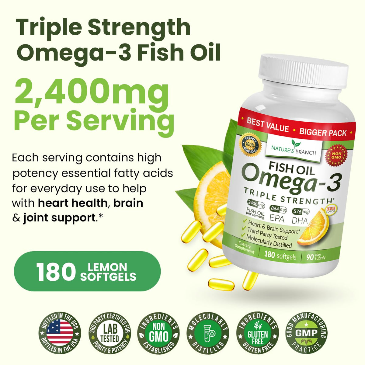 NATURE'S BRANCH Huile de Poisson Omega 3 à l'intérieur du flacon