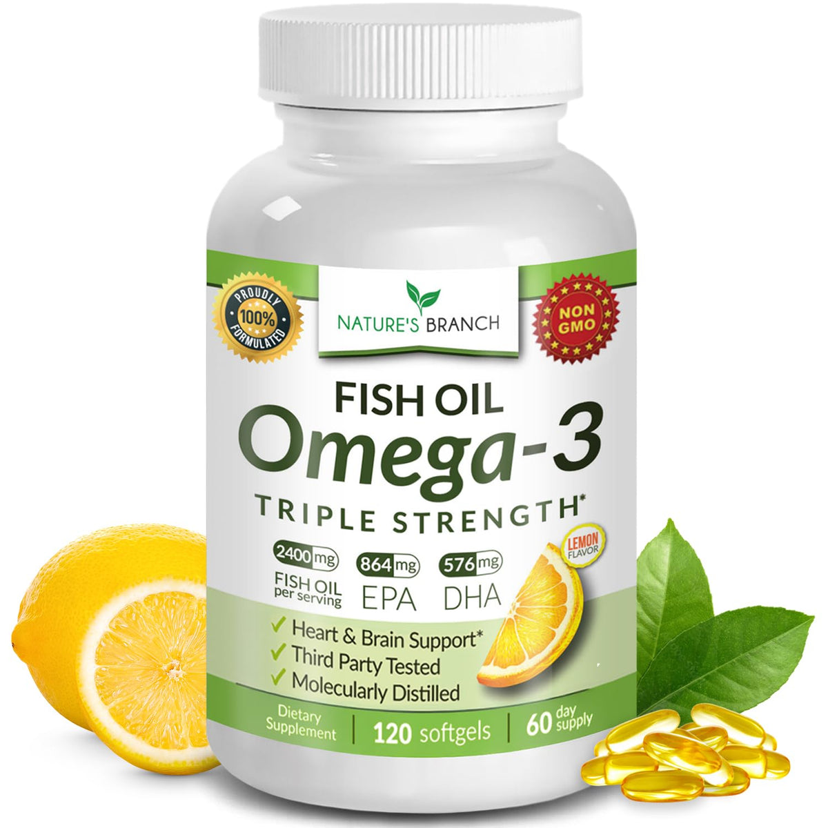 NATURE'S BRANCH Huile de poisson Omega 3 Triple Force 2400mg devant