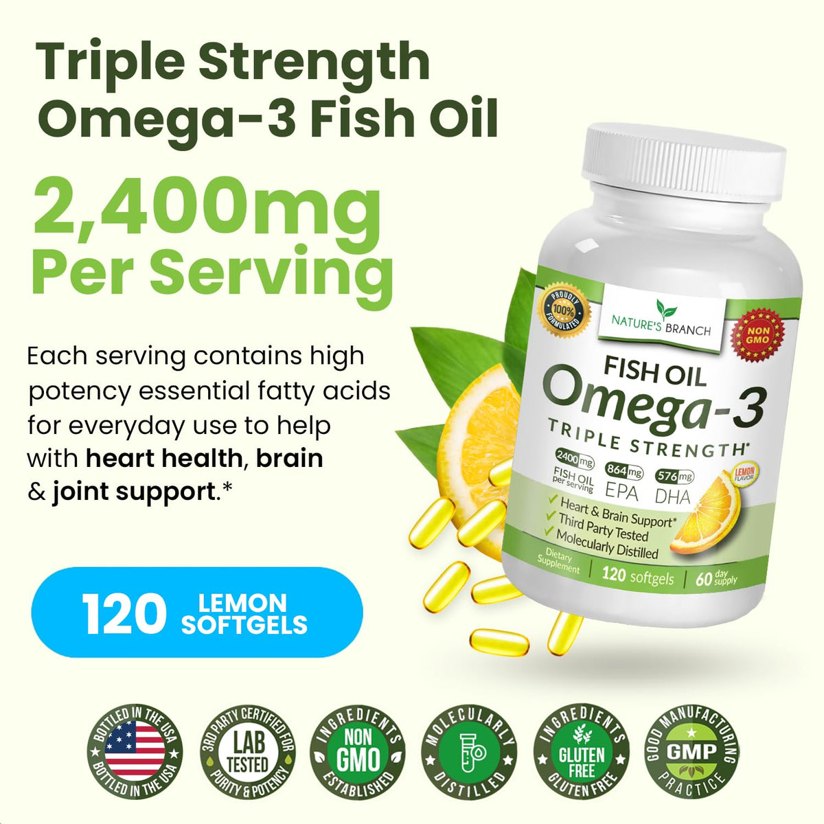 NATURE'S BRANCH Huile de poisson Omega 3 Triple Force avec des ingrédients naturels