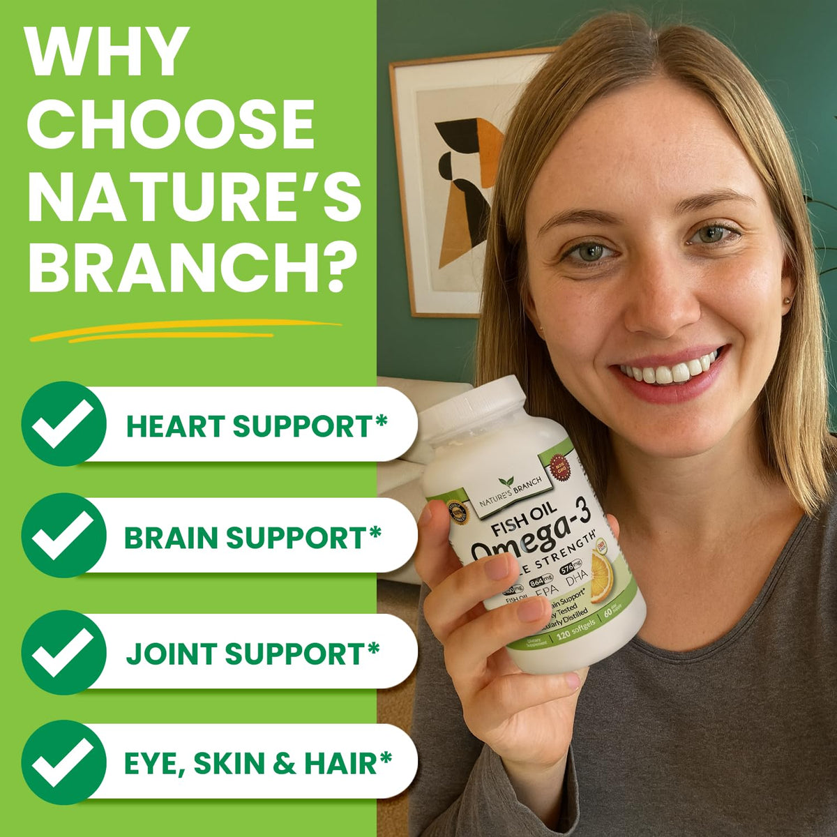 NATURE'S BRANCH Huile de poisson Omega 3 Triple Force gélules en gros plan