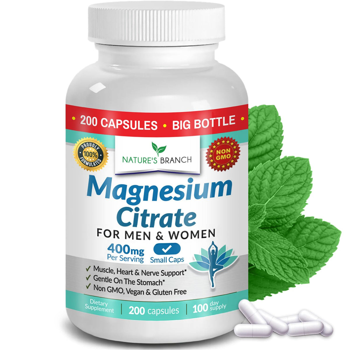 NATURE'S BRANCH Magnésium Citrate 400mg 200 Capsules vue de face