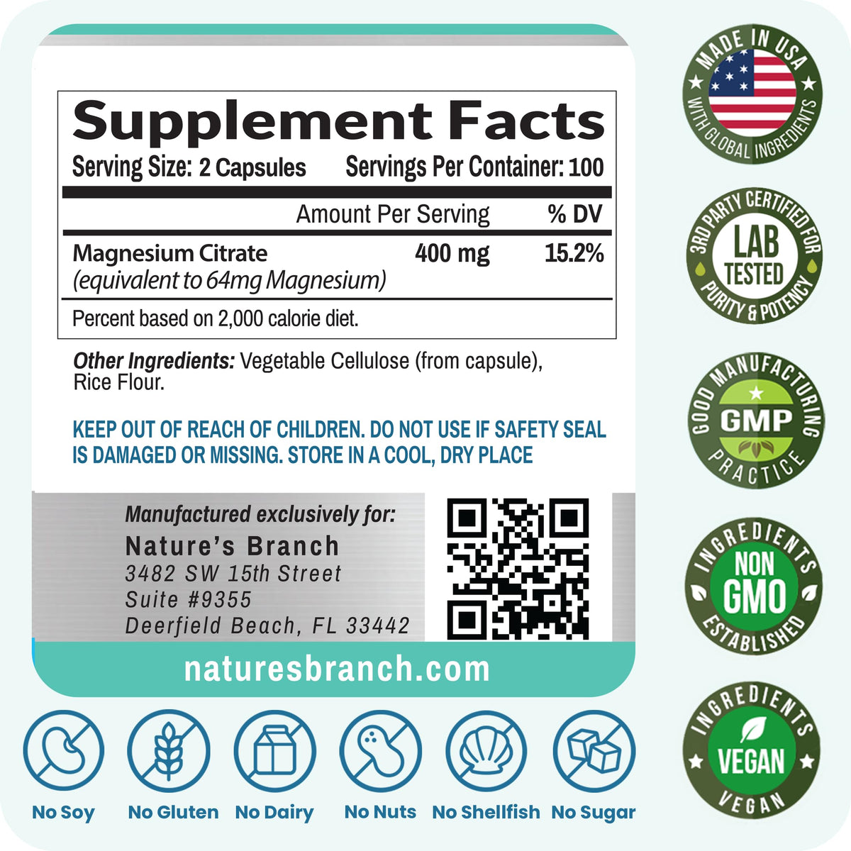 NATURE'S BRANCH Magnésium Citrate 400mg capsules avec d'autres compléments