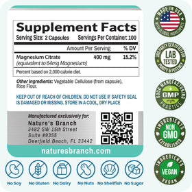 NATURE'S BRANCH Magnésium Citrate 400mg capsules avec d'autres compléments