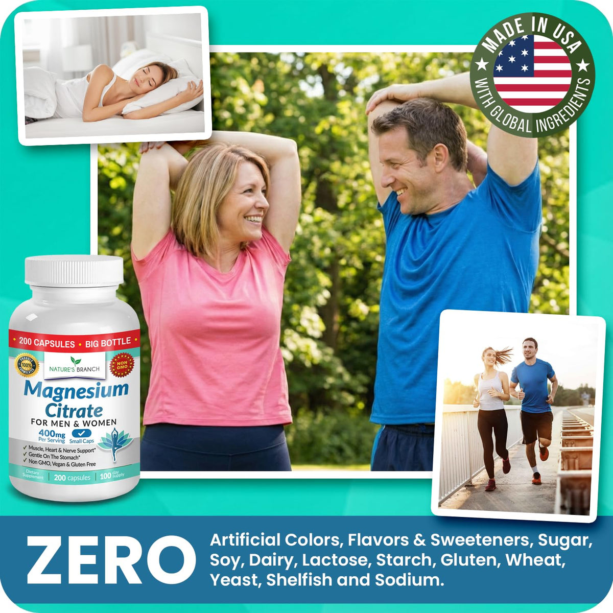 NATURE'S BRANCH Magnésium Citrate 400mg capsules en gros plan