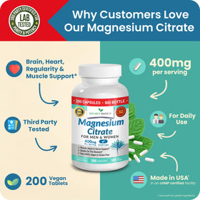 NATURE'S BRANCH Magnésium Citrate 400mg capsules sur un fond blanc