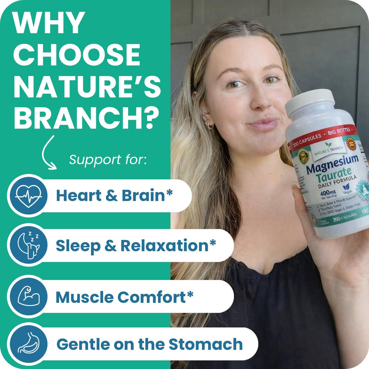 NATURE'S BRANCH Magnésium Taurate 400mg capsules à côté d'un verre d'eau