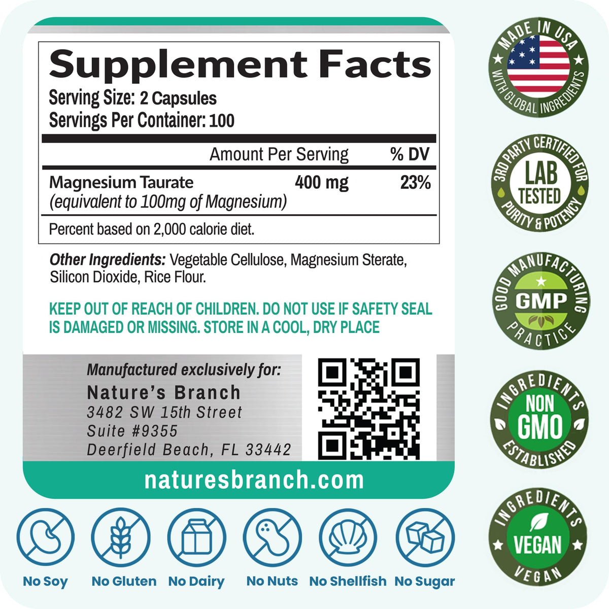 NATURE'S BRANCH Magnésium Taurate 400mg capsules et fruits frais