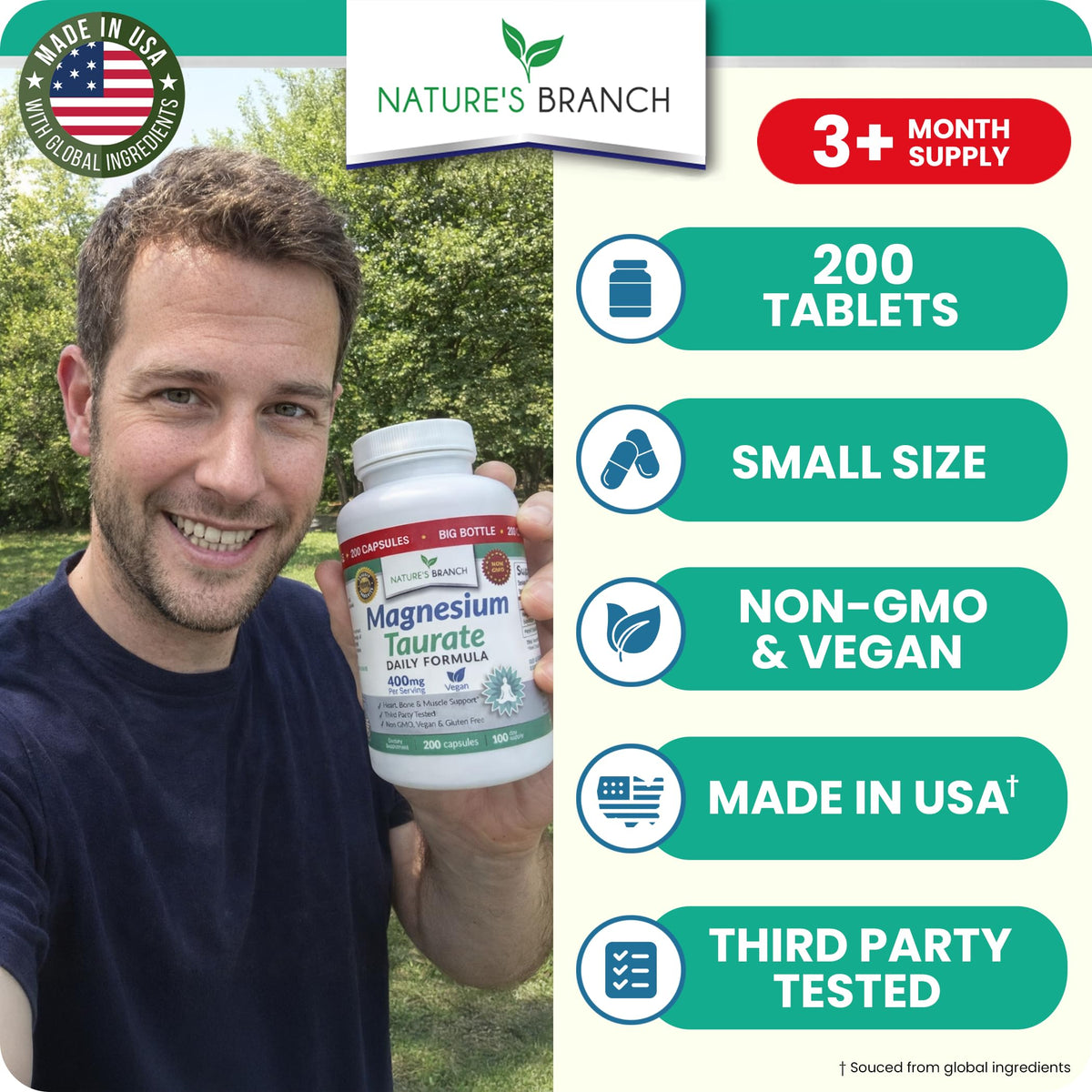 NATURE'S BRANCH Magnésium Taurate 400mg capsules sur une surface blanche