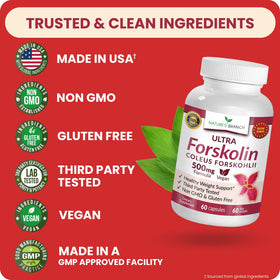 NATURE'S BRANCH Ultra Forskolin 500mg bottle with a glass of water