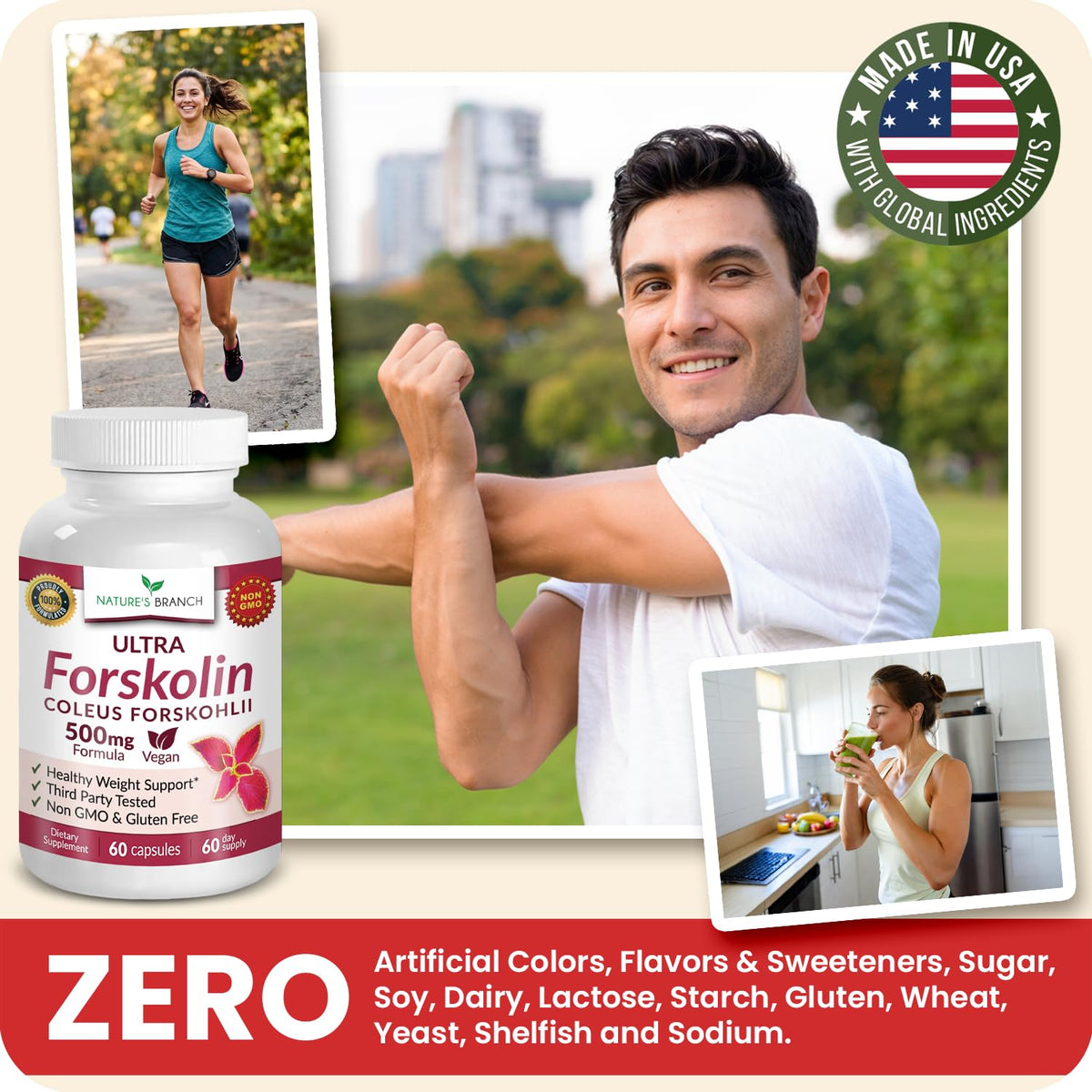 NATURE'S BRANCH Ultra Forskolin 500mg capsules on a kitchen counter