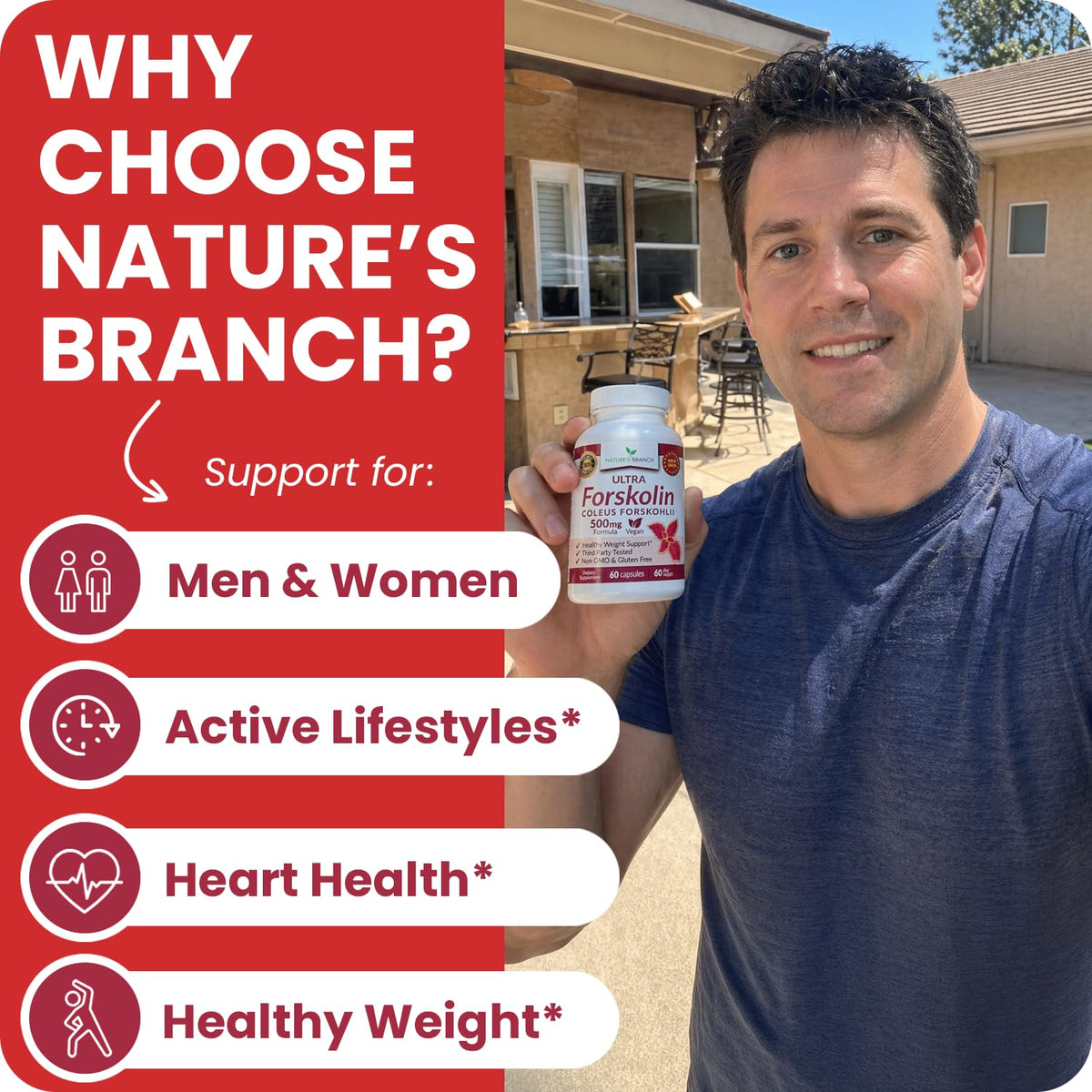 NATURE'S BRANCH Ultra Forskolin 500mg capsules on a wooden table