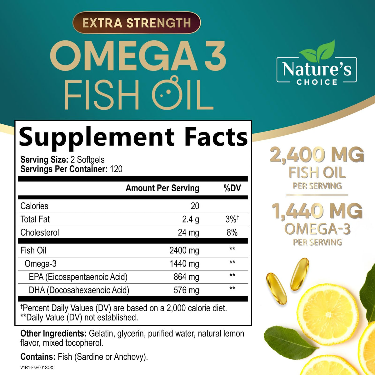 Nature's Choice Omega 3 Huile de Poisson 2400mg gélules arrière
