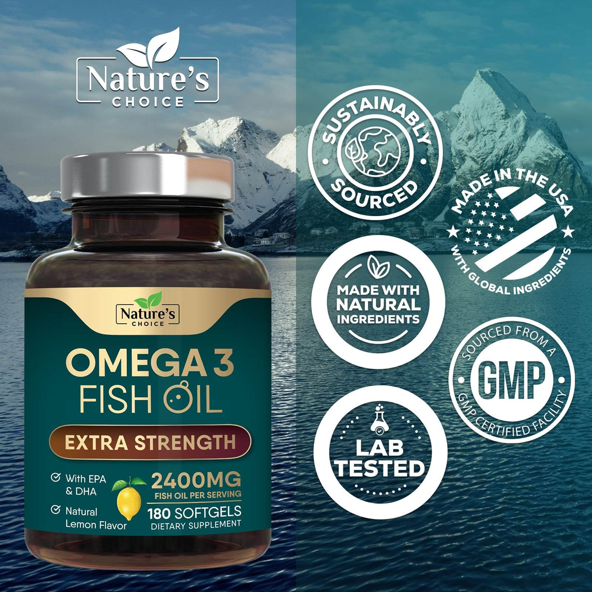 Nature's Choice Omega 3 Huile de Poisson étiquette avec spécifications